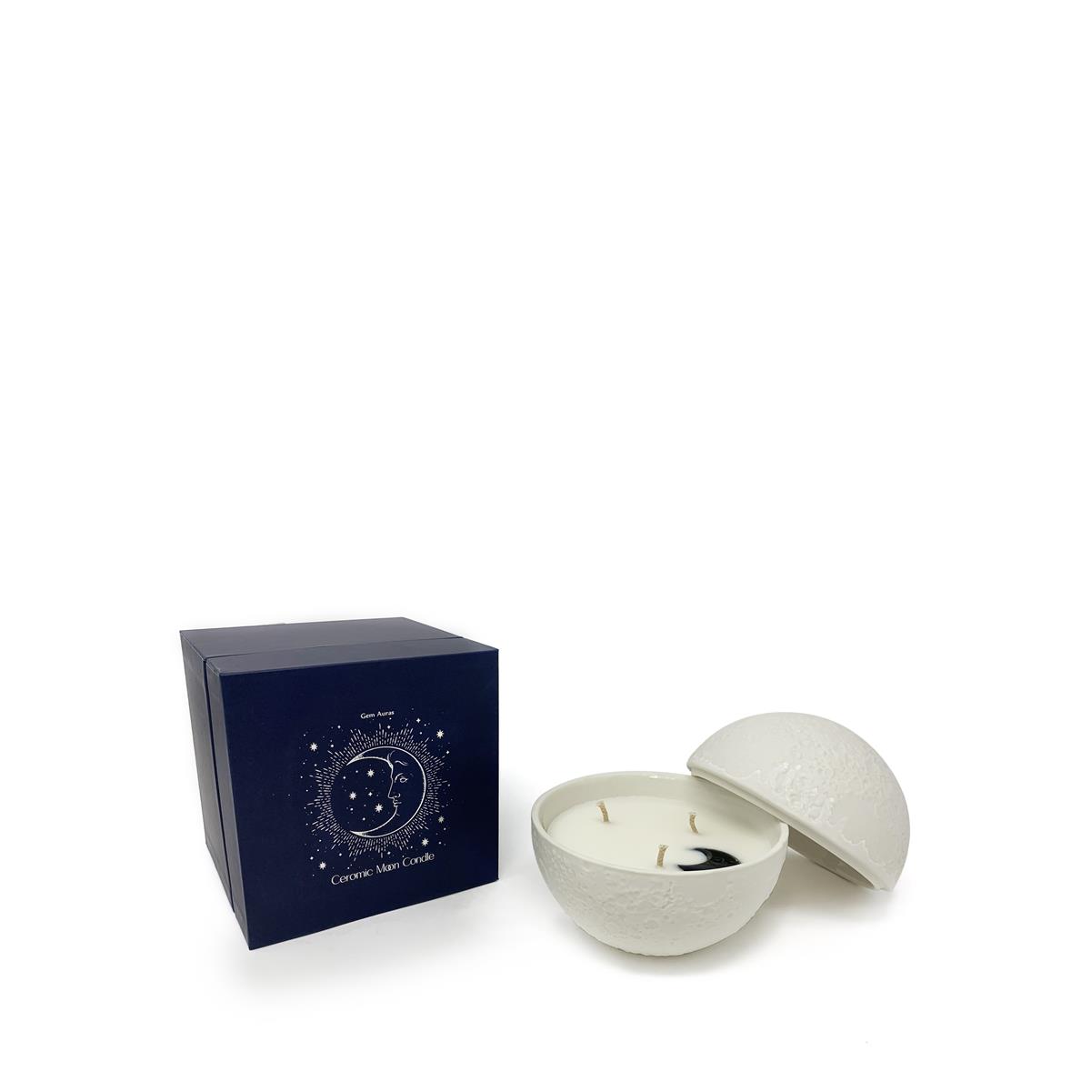 Gem Auras Ceramic Moon Candle with a Black Obsidian Carved Moon ATGW