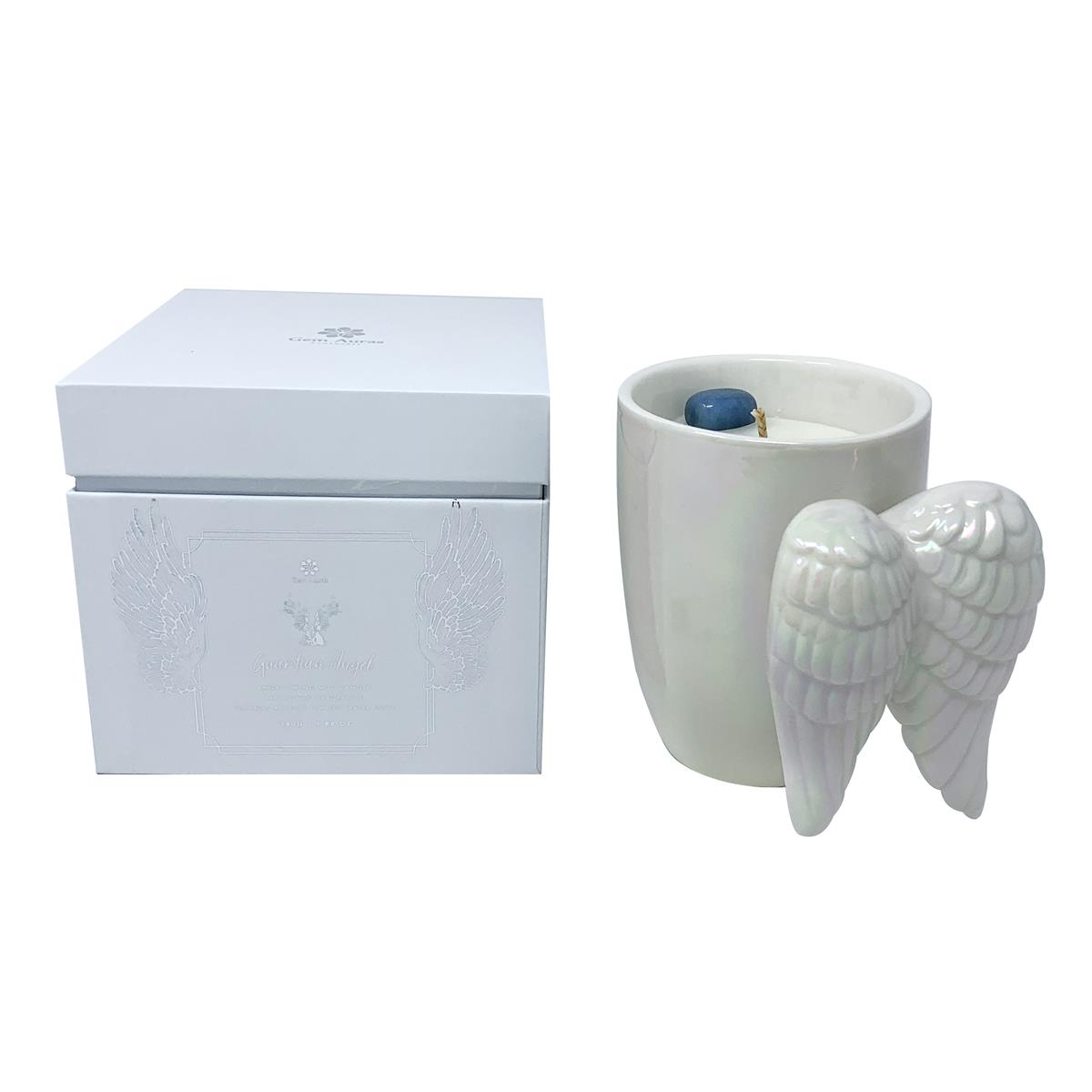Gem Auras Guardian Angel Wing Mug Candle with an Angelite Prayer Stone