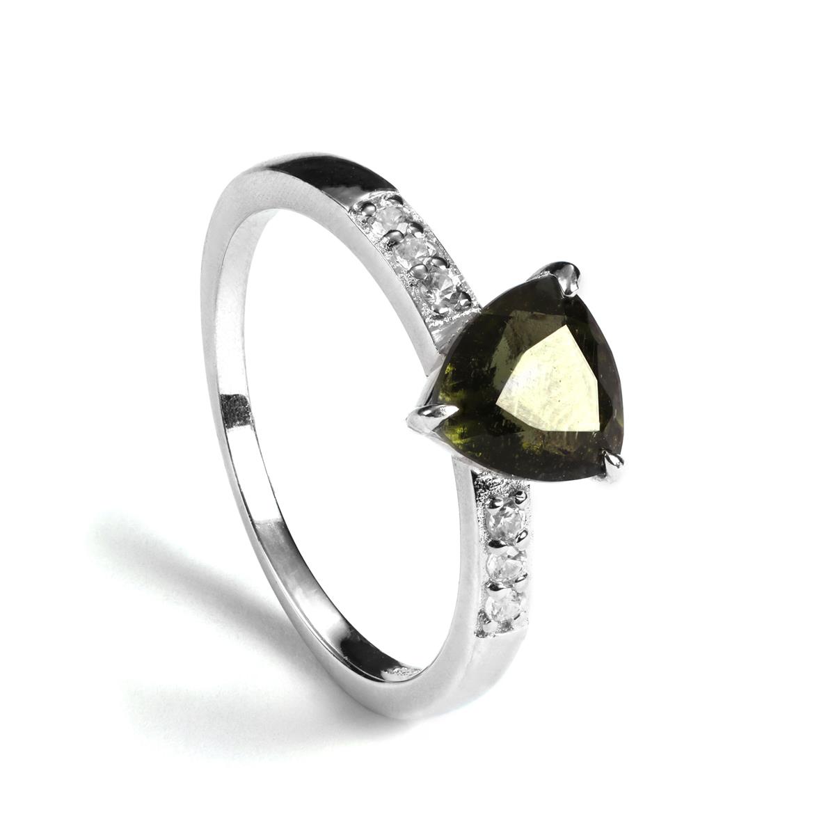 Moldavite Ring with White Zircon in Sterling Silver 1.15cts | Gemporia