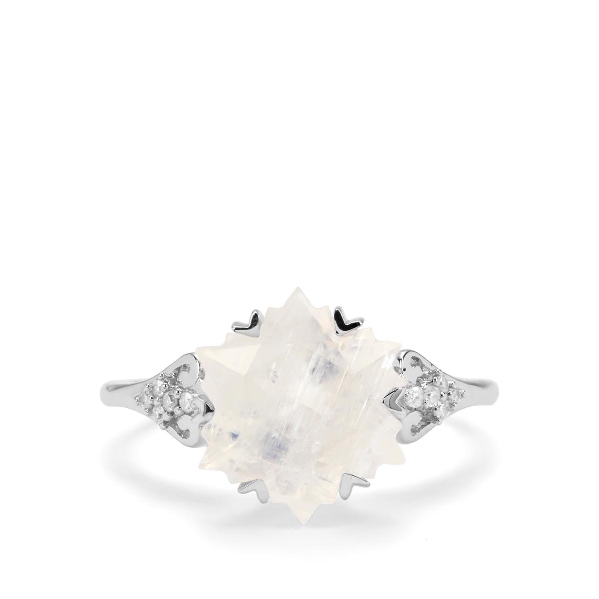 Wobito Snowflake Cut Rainbow Moonstone & Diamond 9K White Gold Ring ...