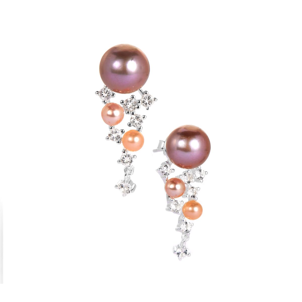 Naturally Papaya & Lavender Freshwater Cultured Pearl & White Topaz Sterling Silver Earrings