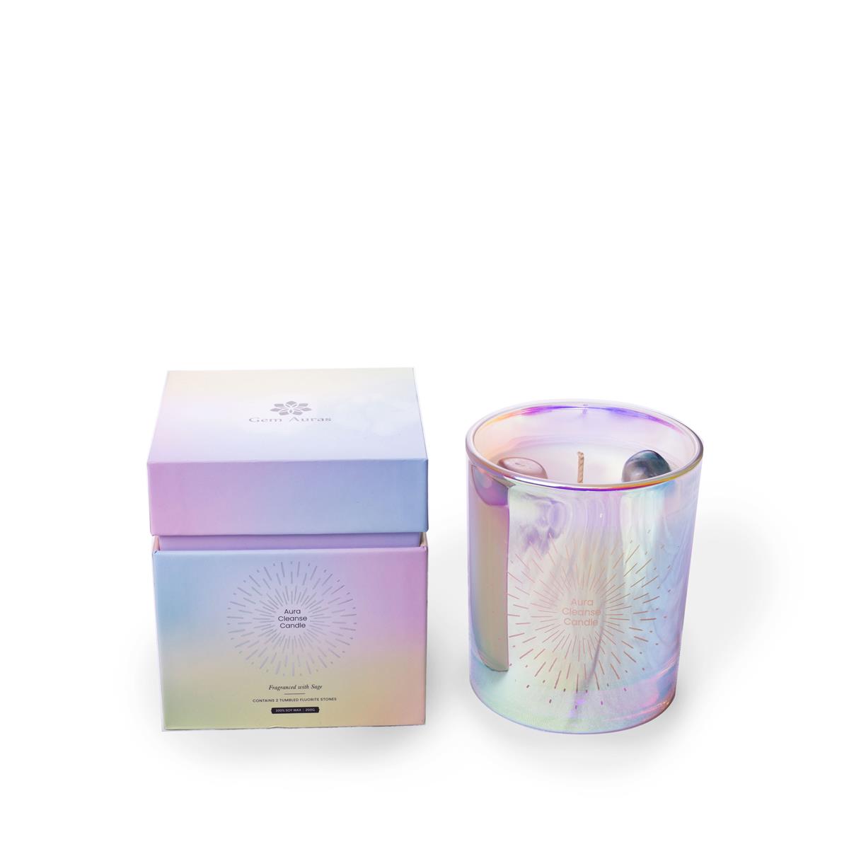 Gem Auras Aura Cleanse Candle with Fluorite Tumbled Stones ATGW 60cts