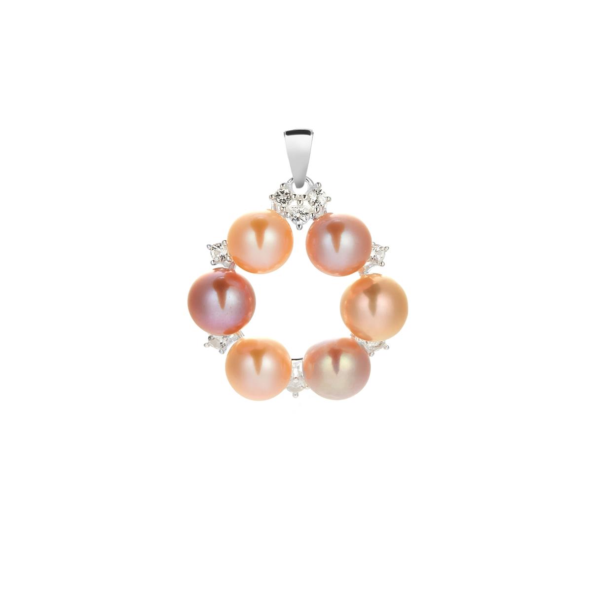 Naturally Papaya & Lavender Cultured Pearl & White Topaz Sterling Silver Pendant Gemporia