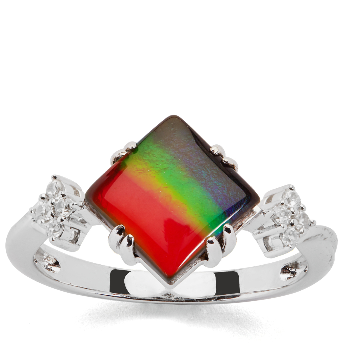 AA Ammolite Ring with White Zircon in Sterling Silver | Gemporia