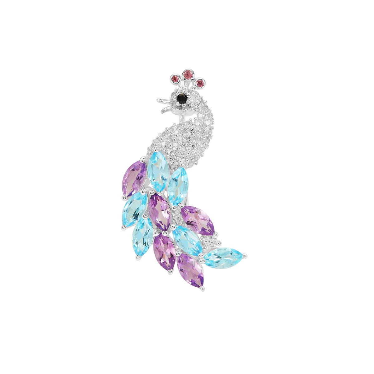 3.30ct Multi Colour Gemstone Sterling Silver Peacock Brooch | Gemporia