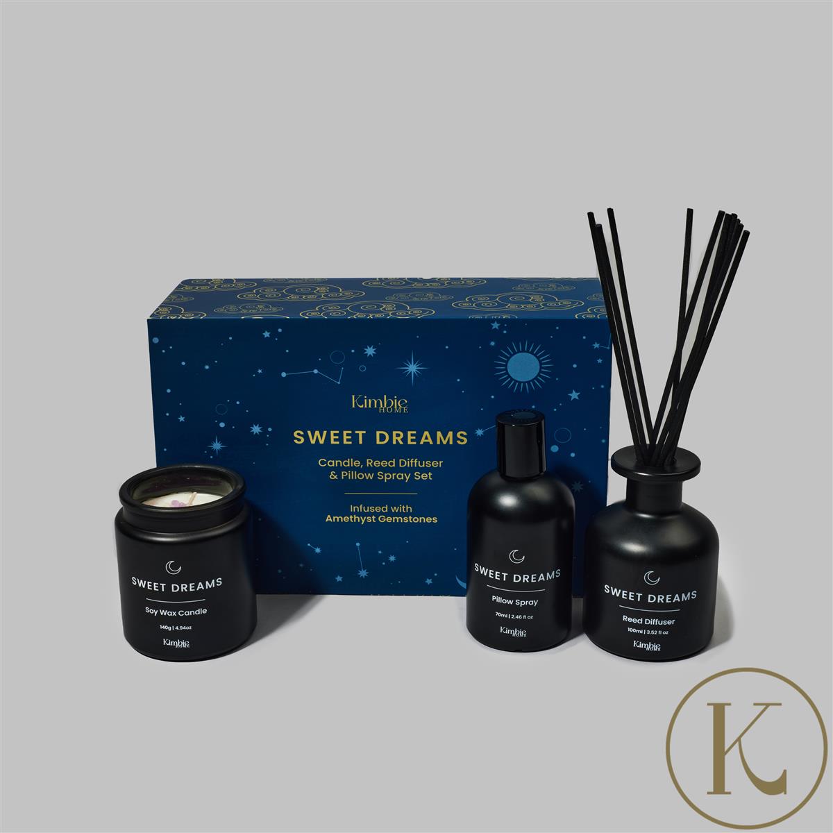 Kimbie Home Sweet Dreams Candle, Reed Diffuser & Pillow Spray Set with