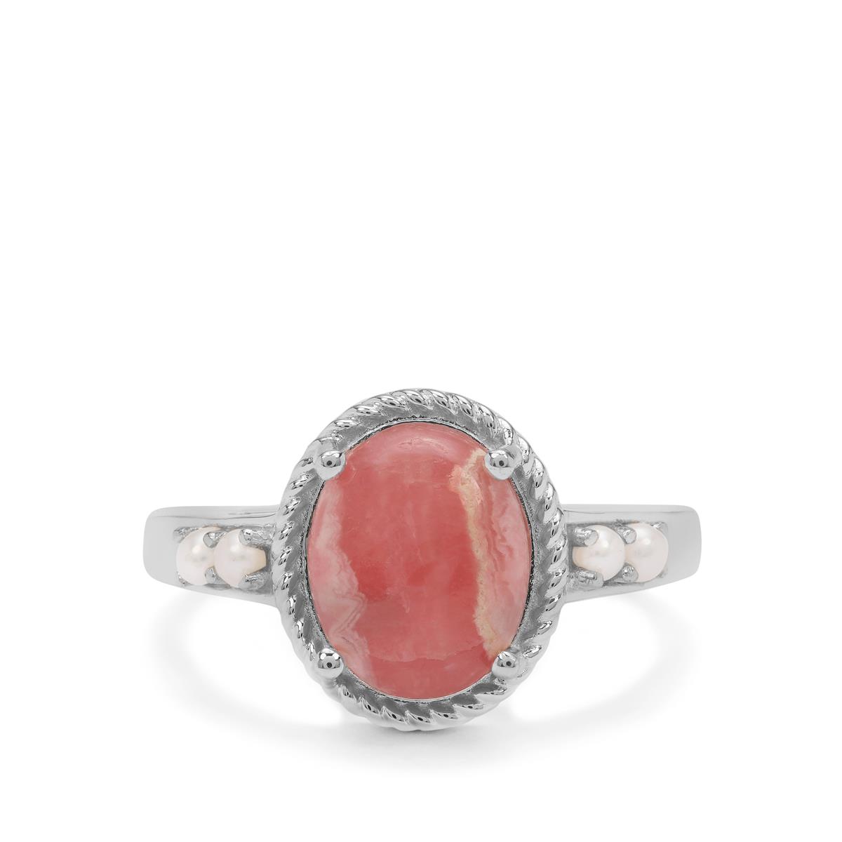 Rhodochrosite & Kaori Cultured Pearl Sterling Silver Ring | Gemporia