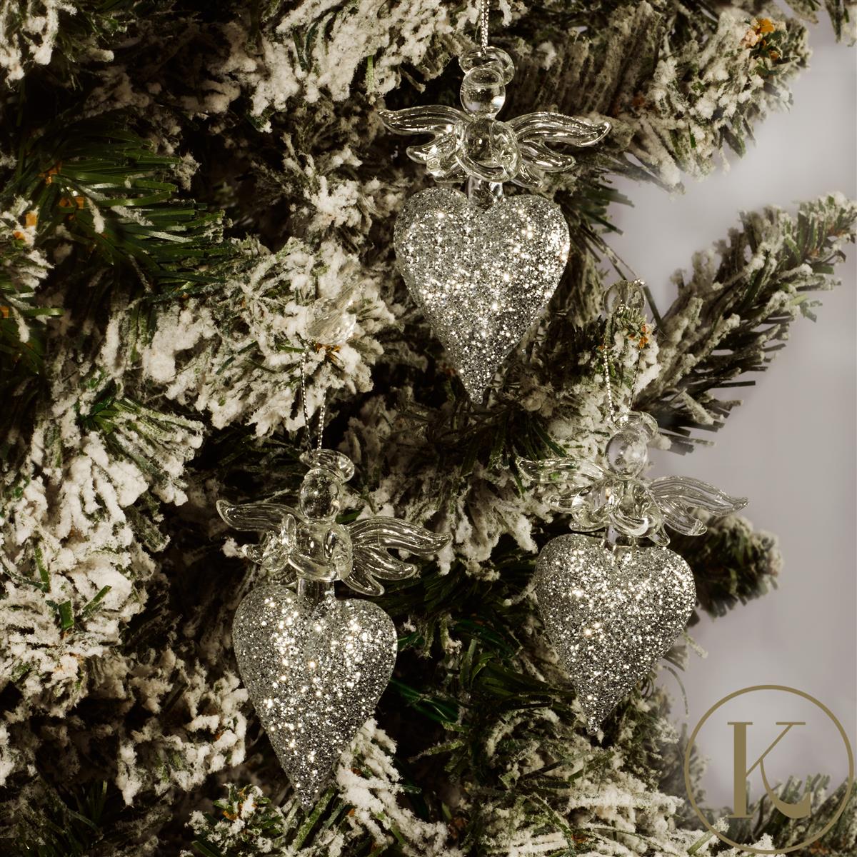 Kimbie Home Glass Heart Shaped Angel Tree Decorations 3pcs