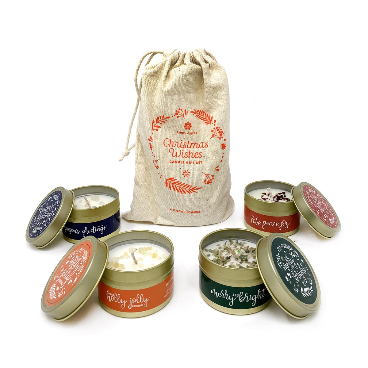 Gem Auras Set of 4 Tinned Candles 'Christmas Wishes' with Gemstones