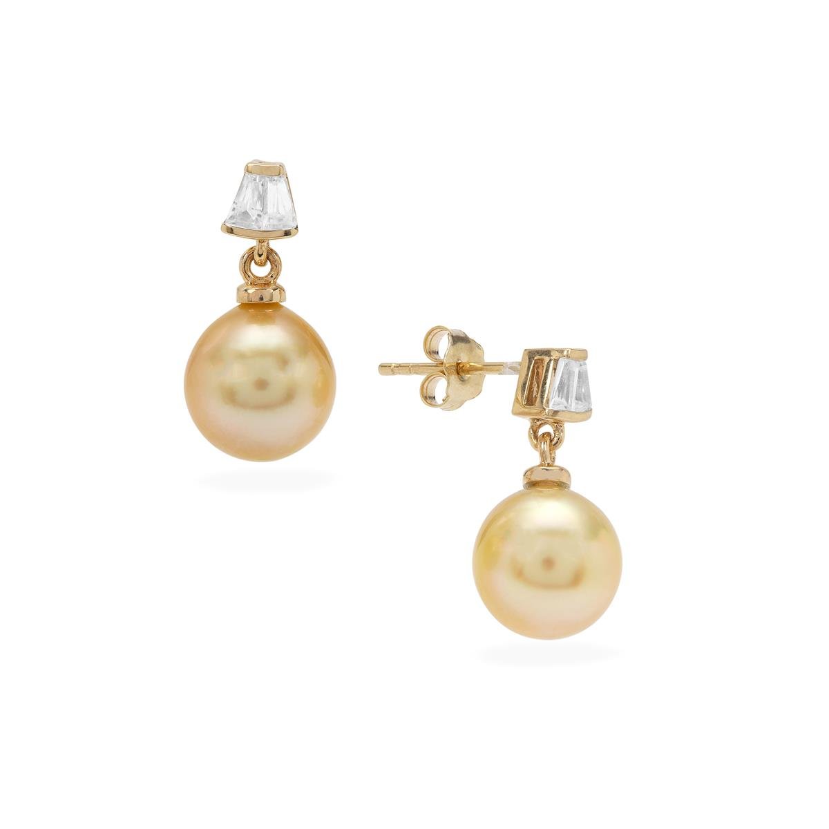 Golden South Sea Cultured Pearl & White Zircon 9k Gold Earrings (8mm 