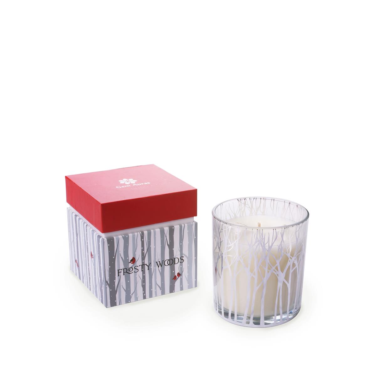 Gem Auras Frosty Woods Candle with 2 Clear Quartz Tumbled Gemstones