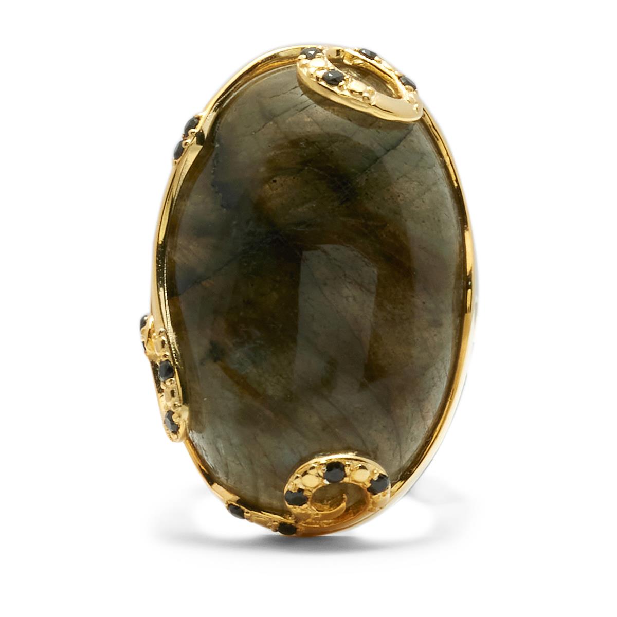 Paul Island Labradorite Ring with Black Spinel in Gold Tone