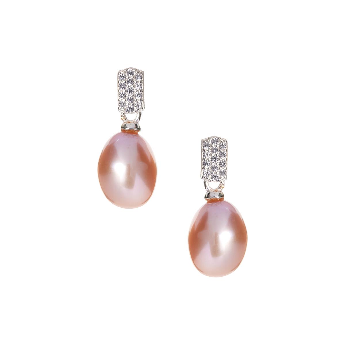 Naturally Papaya Cultured Pearl (7x9mm) & White Topaz Sterling Silver Earrings Gemporia