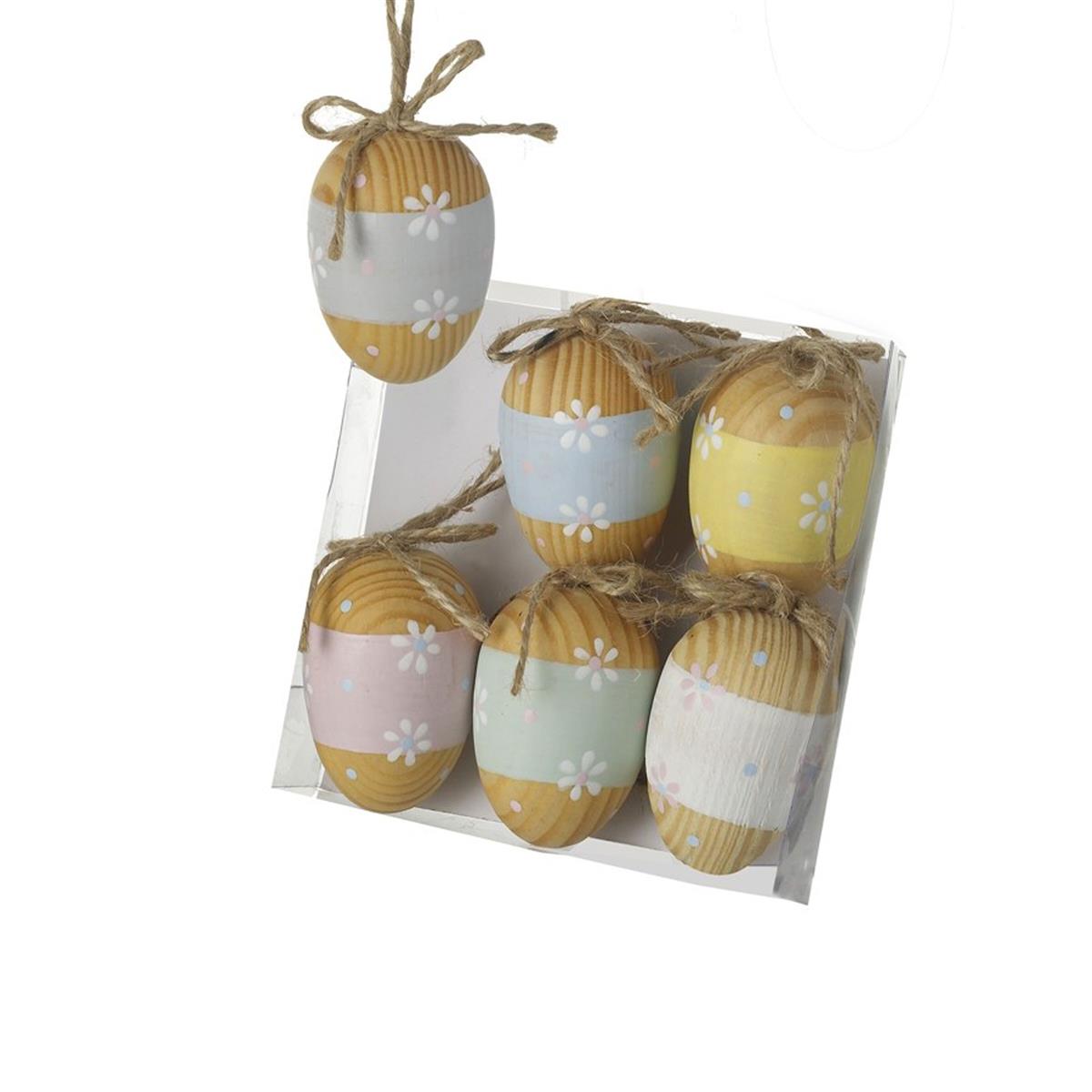 Set of 6 Hanging Wooden Eggs Easter Decoration Gemporia