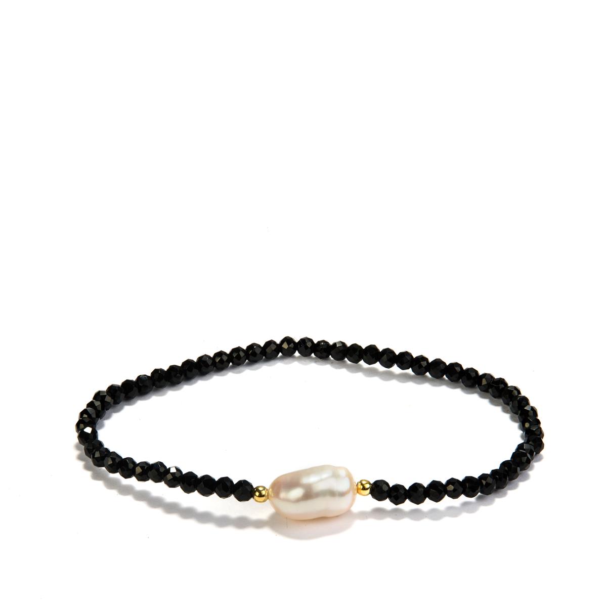 Freshwater Cultured Pearl & Black Spinel Stretchable Bracelet With Gold 