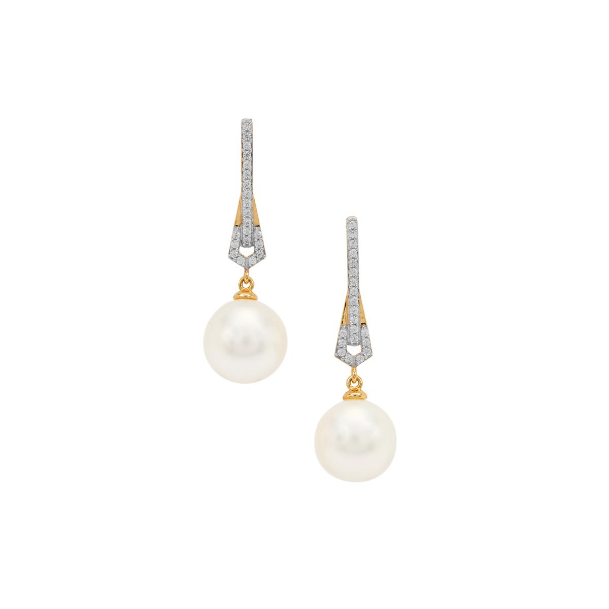 South Sea Cultured Pearl & White Zircon 9K Gold Earrings (12MM) | Gemporia