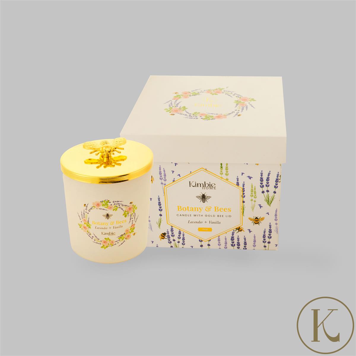 Kimbie Home Botany & Bees 200gm Candle With Gold Bee Lid Sprinkled With Amethyst Gemporia