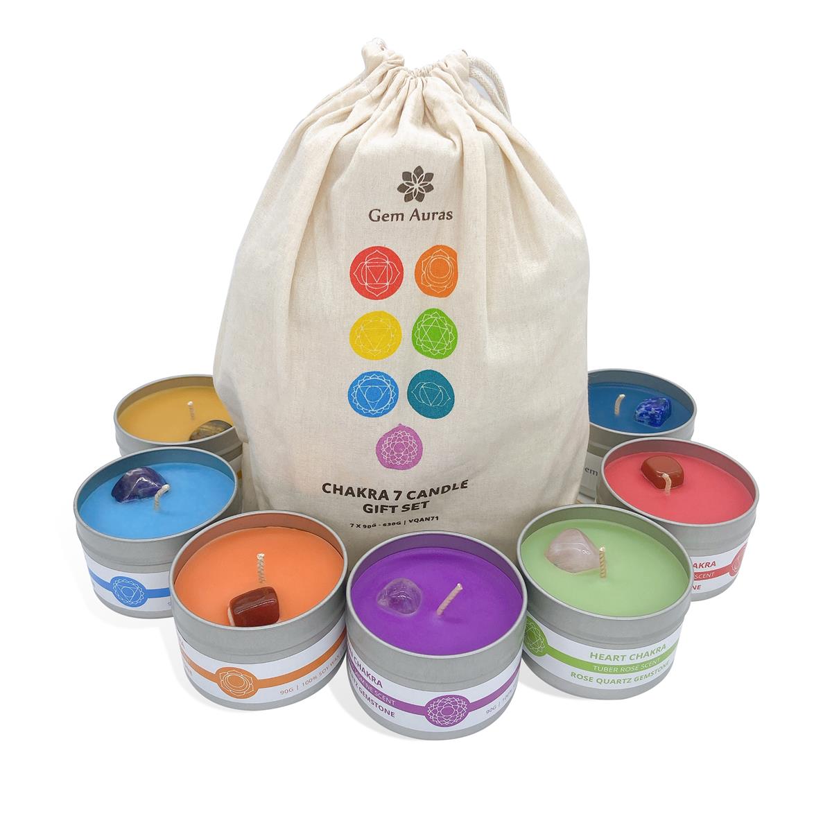 Gem Auras Chakra Candle Gift Set with Genuine Tumbled Gemstones ATGW ...