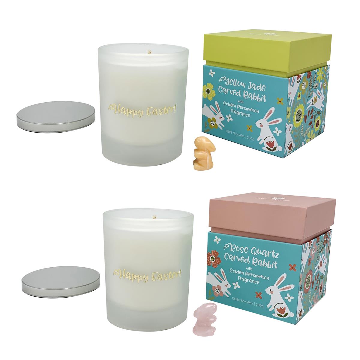 Gem Auras Easter Candles available with a Rose Quartz or Yellow Jade