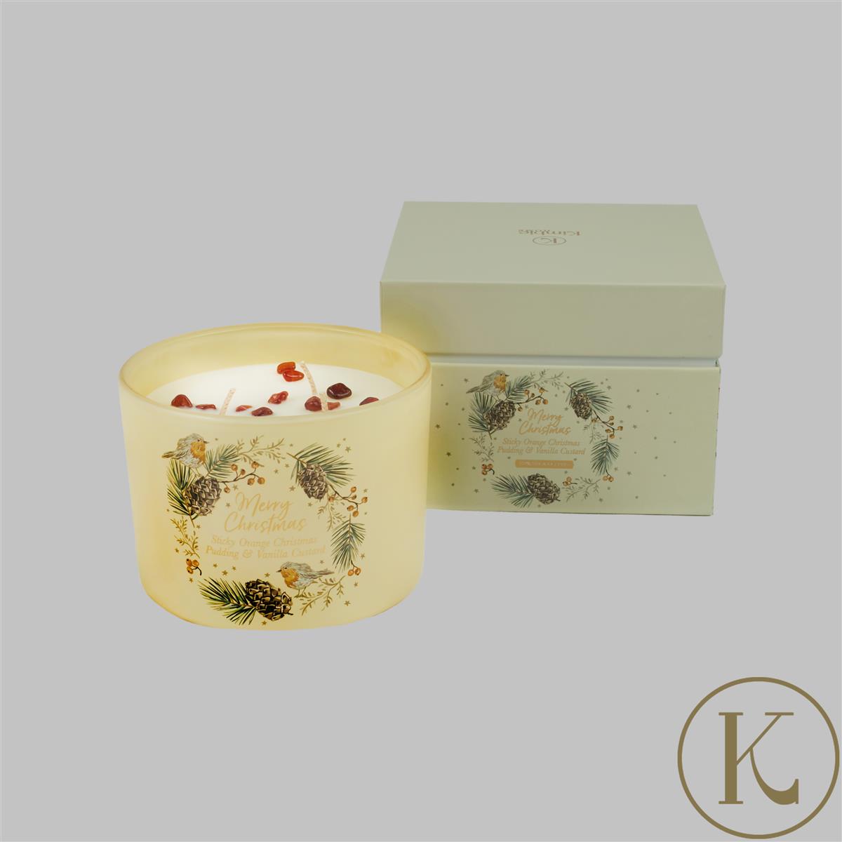 Kimbie Home Robin Wreath Triple Wick Christmas Candle With