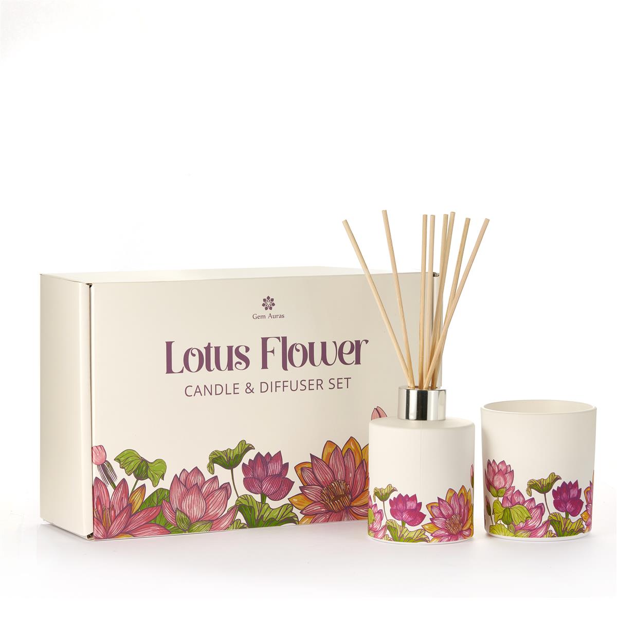 Gem Auras Lotus Flower Candle & Reed Diffuser with Amethyst & Clear Quartz ATGW 60cts Gemporia