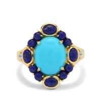 Sleeping Beauty Turquoise, Sar-i-Sang Lapis Lazuli Ring with White Zircon in 9K Gold 3.95cts