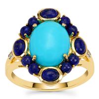 Sleeping Beauty Turquoise, Sar-i-Sang Lapis Lazuli Ring with White Zircon in 9K Gold 3.95cts