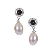 Kaori Cultured Pearl, Black Tourmaline Earrings with White Topaz in Sterling Silver (11mm x 7mm)