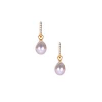 Kaori Cultured Pearl Earrings with White Zircon in Gold Tone Sterling Silver (9mm x 8mm)