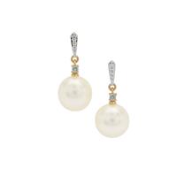 South Sea Cultured Pearl, Sky Blue Topaz Earrings with White Zircon in 9K Gold (10MM)