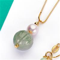 Green Jadeite Necklace with Kaori Cultured Pearl in Gold Tone Sterling Silver