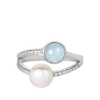 Kaori Cultured Pearl (7mm) Ring with Aquamarine in Sterling Silver