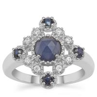 Rose Cut Bharat Blue Sapphire Ring with White Zircon in Sterling Silver 1.54cts