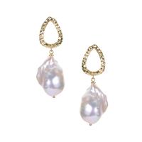 Baroque Cultured Pearl Earrings in Gold Tone Sterling Silver (23mm x 14mm)