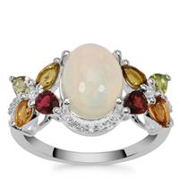 Ethiopian Opal, Multi-Colour Tourmaline Ring with White Zircon in Sterling Silver 3.55cts