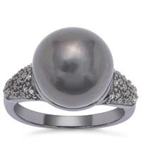 Tahitian Cultured Pearl Ring with White Zircon in Black Rhodium Plated Sterling Silver (12mm)
