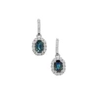 Australian Blue Sapphire Earrings with White Zircon in Platinum Plated Sterling Silver 1.85cts