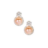 Naturally Papaya Cultured Pearl (8.5mm) & Topaz Earrings in Sterling Silver 