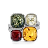 Baltic Cognac Amber,, Baltic Green, Baltic Cherry Ring with Baltic Lemon Amber in Sterling Silver