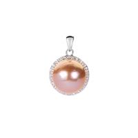 Naturally Papaya Cultured Pearl Pendant with White Topaz in Sterling Silver (13mm)