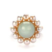 Type A Green Burmese Jadeite Ring with Kaori Cultured Pearl in Gold Tone Sterling Silver