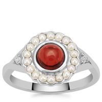 Rajasthan Garnet, Kaori Cultured Pearl Ring with White Zircon in Sterling Silver 