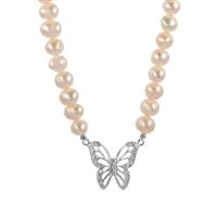 Kaori Cultured Pearl Butterfly  Necklace with White Zircon in Sterling Silver 