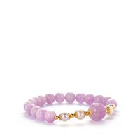 Kunzite Stretchable Bracelet with Kaori Cultured Pearl in Gold Tone Sterling Silver