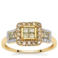 Natural Yellow, Cape Champagne Diamond Ring with White Diamond in 9K Gold 0.75ct