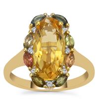 Idar Citrine, Multi-Colour Tourmaline Ring with White Zircon in Gold Plated Sterling Silver 4.05cts