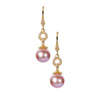 Zhujiang Naturally Lavender Cultured Pearl Earrings with White Topaz in Gold Tone Sterling Silver 
