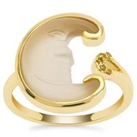 Lehrer Man in the Moon White Chalcedony Ring with Yellow Diamond in 9K Gold 4cts