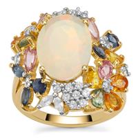 Ethiopian Opal, Multi Colour Sapphire Ring with White Zircon in 9K Gold 7.90cts