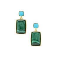 Sleeping Beauty Turquoise Earrings with Malachite in Gold Plated Sterling Silver 21.11cts